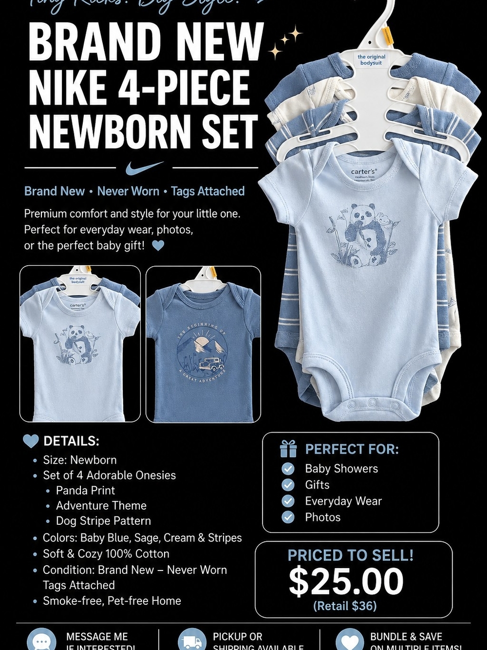 Carter's Light Blue and Cream Newborn 4-Piece Onesie Set!